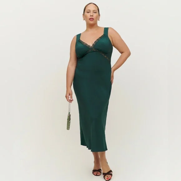 REFORMATION Provence 100% Silk Dress (Extended sizing) in Forest - Picture 2 of 5